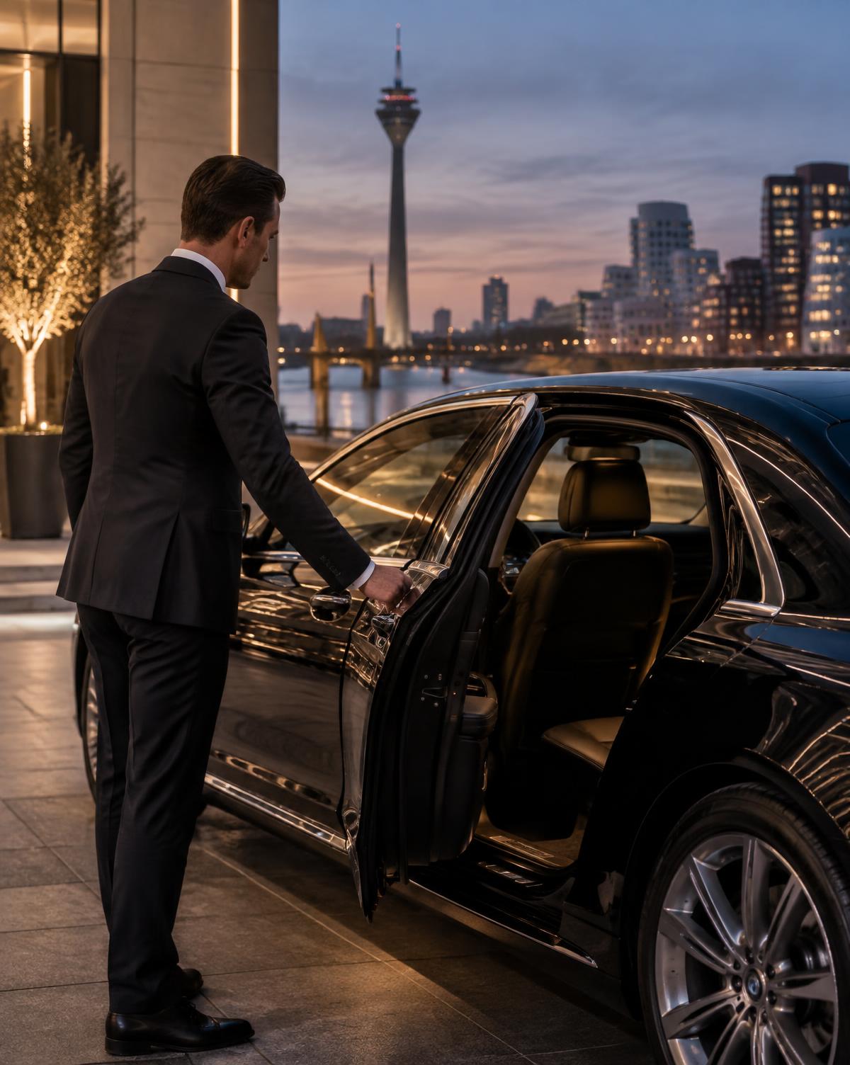 Professioneller Chauffeur öffnet die Tür einer schwarzen Limousine in Düsseldorf